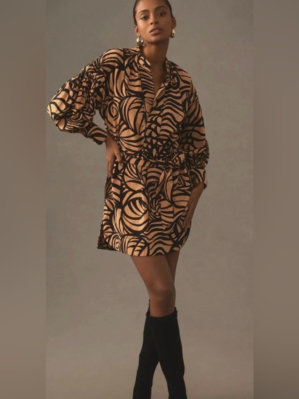 Anthropologie Tunic Mini Dress - Womens Medium - Camel and Black - Gauzy